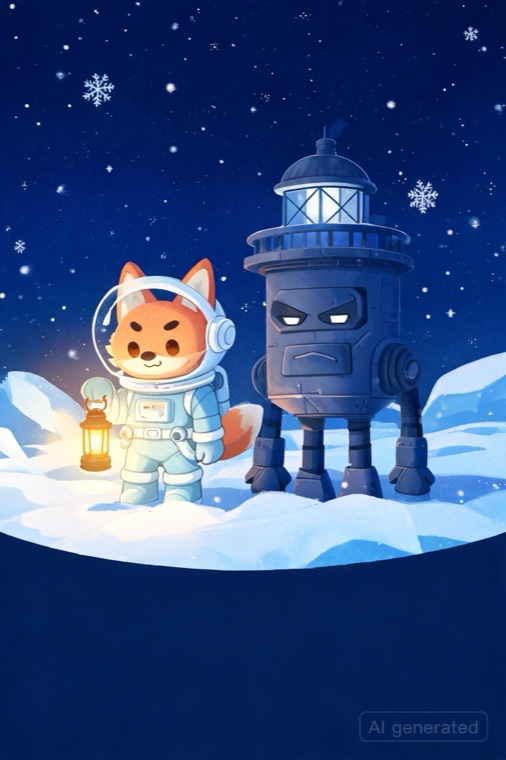 Key art dell'universo Luna Kera: volpe astronauta davanti a un faro su una luna ghiacciata
