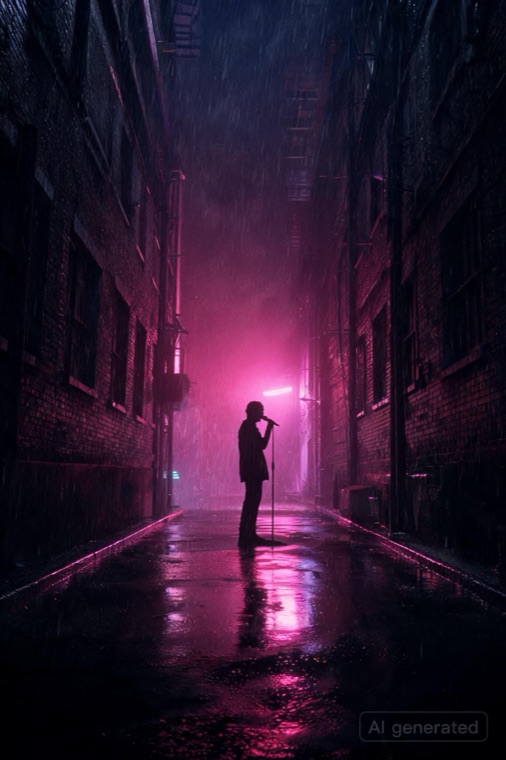 Key art dell'universo Nero Neon: figura sotto la pioggia tra insegne al neon